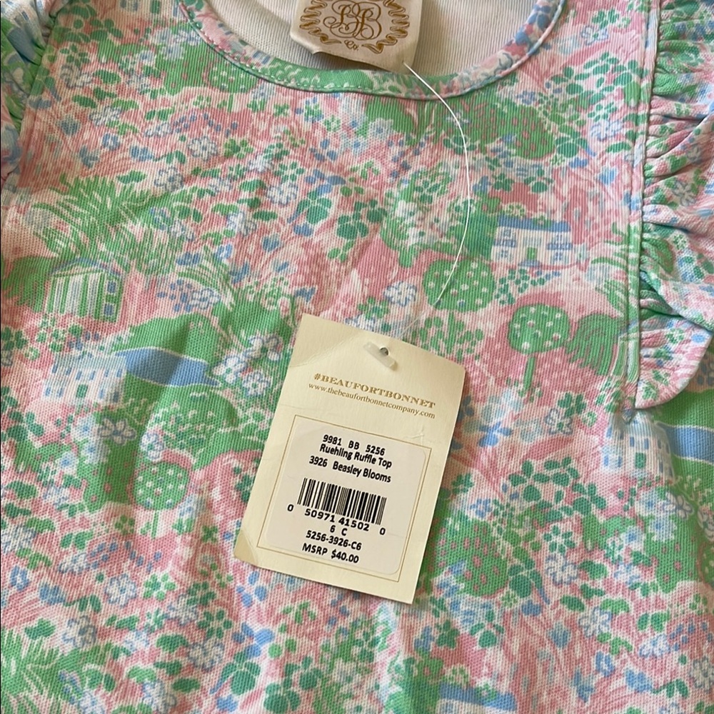 The Beaufort Bonnet Company Green and Pink Short Sleeve Tee with Ruffle Accents - Picture 2 of 2
